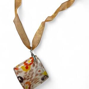 Vintage orange and yellow speckled glass piece statement necklace